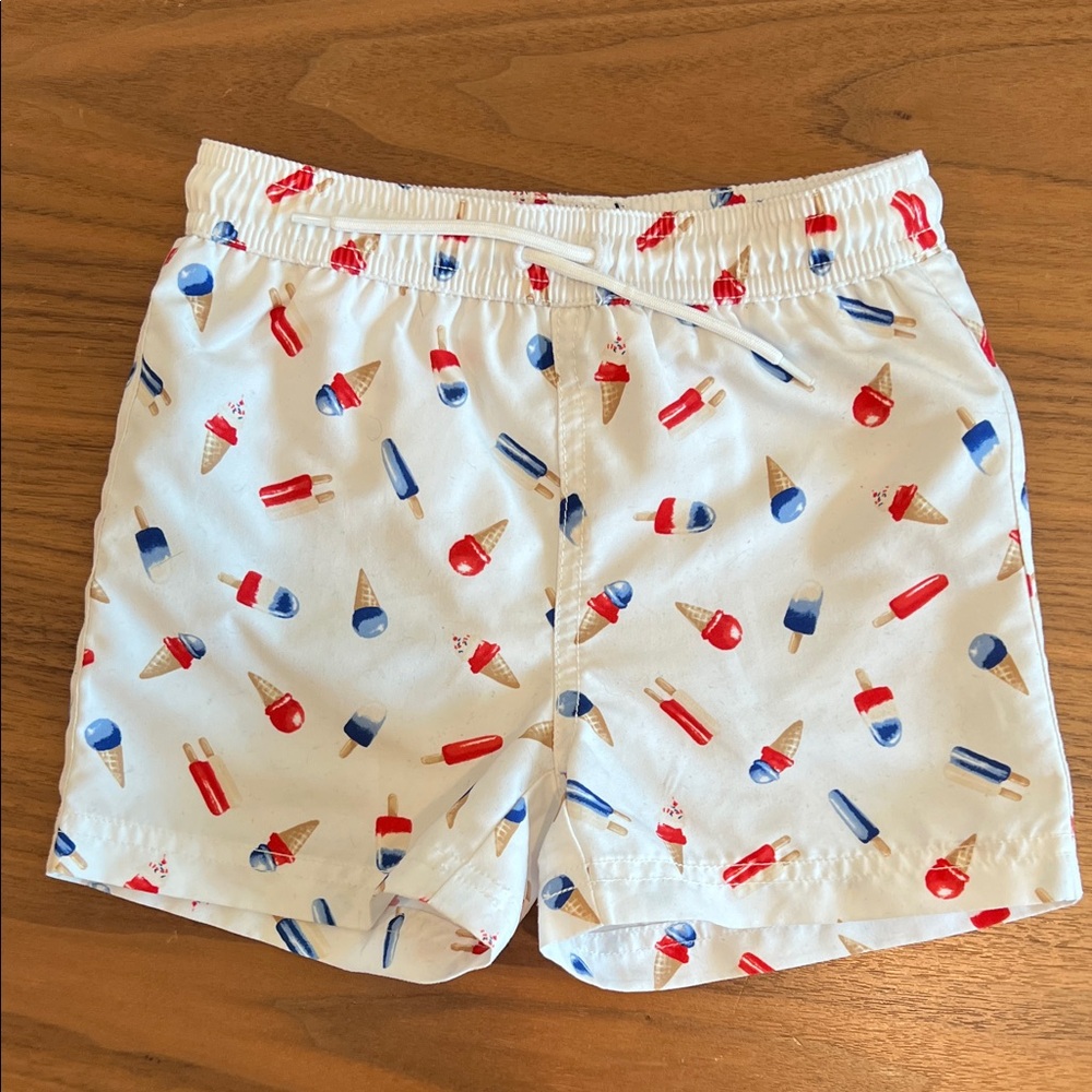 Janie and Jack White Swim Trunks with Red and Blue Ice Cream Print